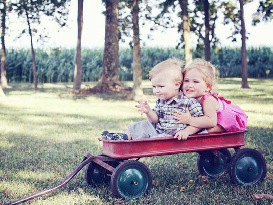 Deux enfants dans une petite charrette